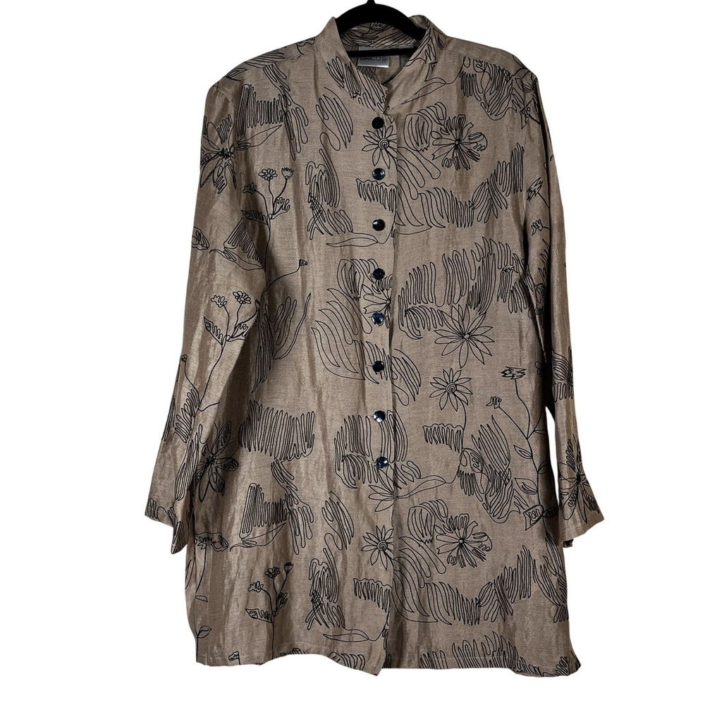 Vintage Chico's Gold Black Linen Blend Abstract Embroidered Button Tunic Size M